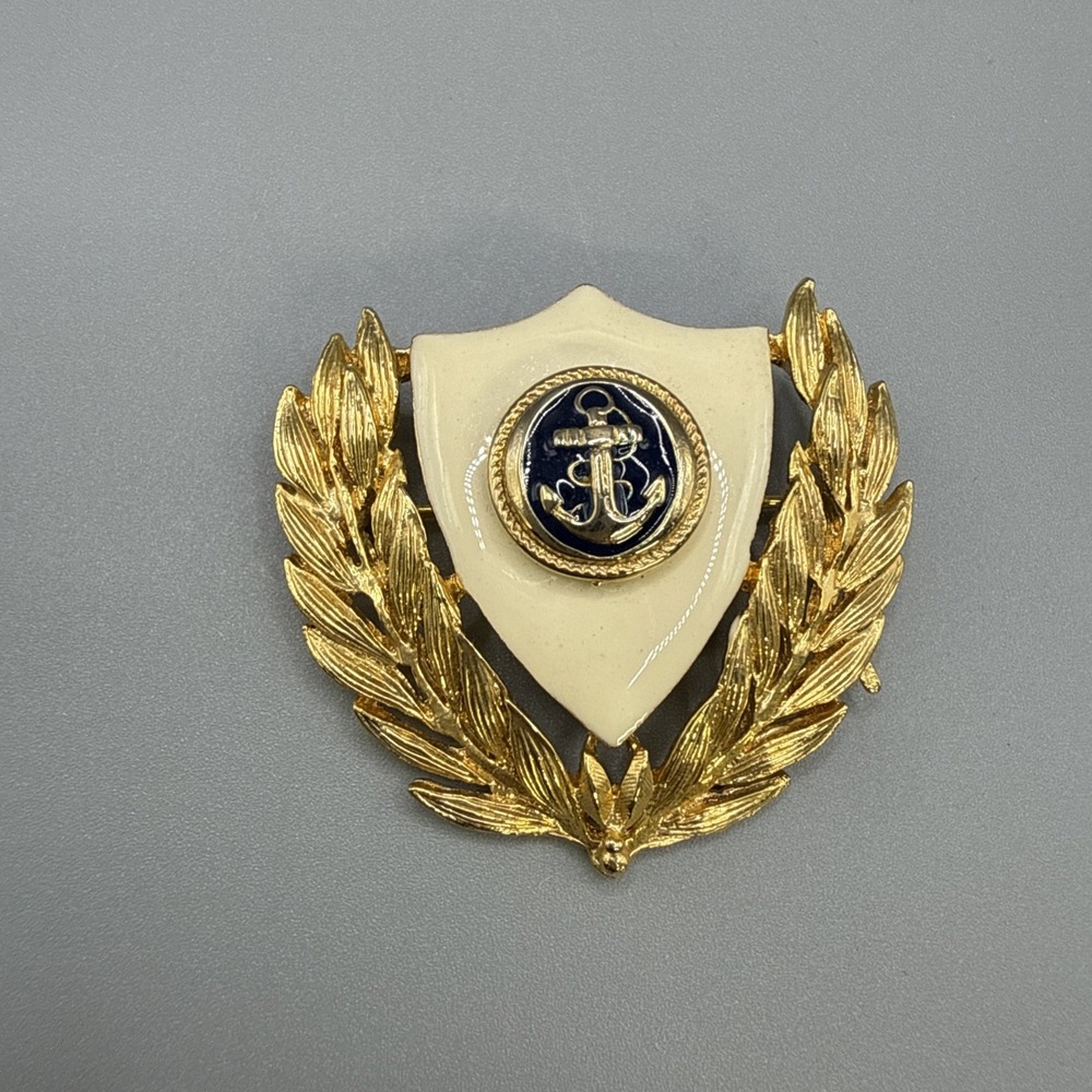 Vintage Nautical Anchor Shield Brooch Pin Gold Tone Navy Enamel Laurel Wreath